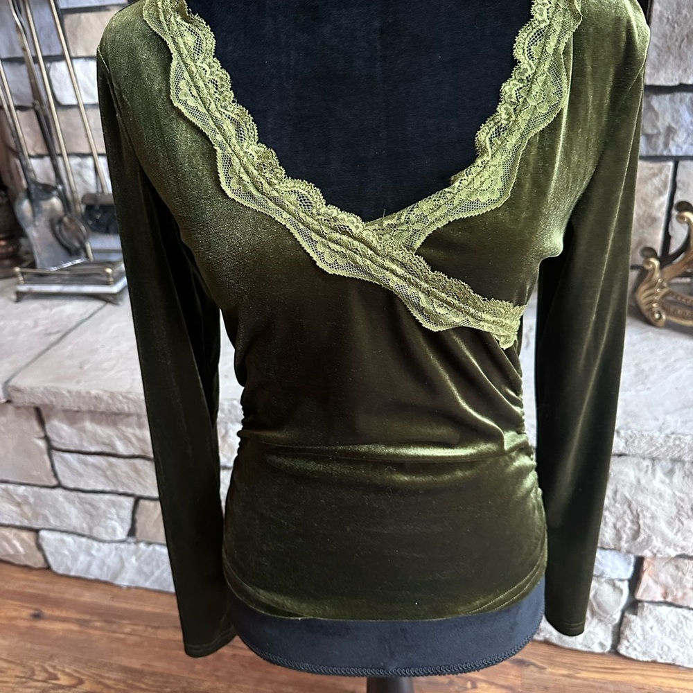 Cider Olive Velvet with Lace Accent Blouse